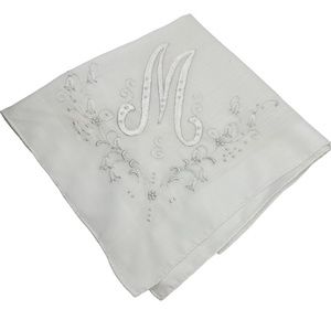 Vintage Embroidered “M” Wedding Hankerchief Hanky 14”